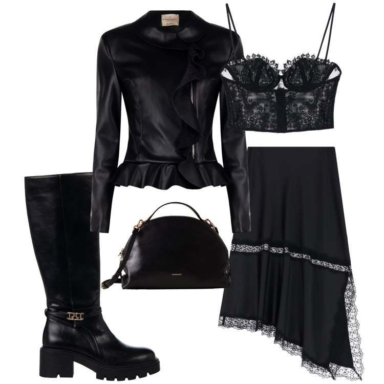 Outfit donna - Un look dark per halloween. Stile Sexy per Serata fuori. Abbinamento con blazer, stivali sopra il ginocchio, top, gonne lunghe, borse a mano.