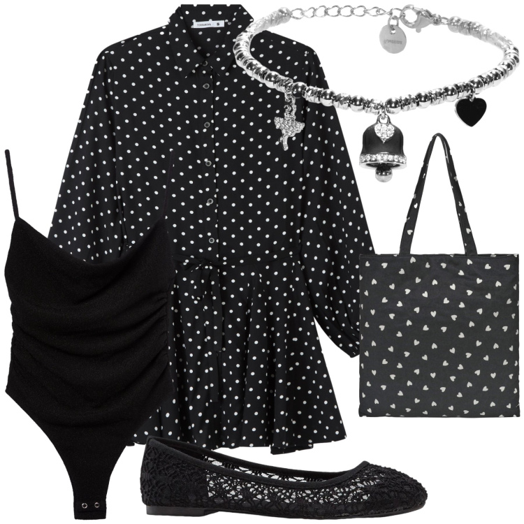 Outfit donna - Campanellino cuori e pois. Stile Bon Ton per Tutti i giorni. Abbinamento con ballerine, borse tote, body, vestiti chemisier, braccialetti.