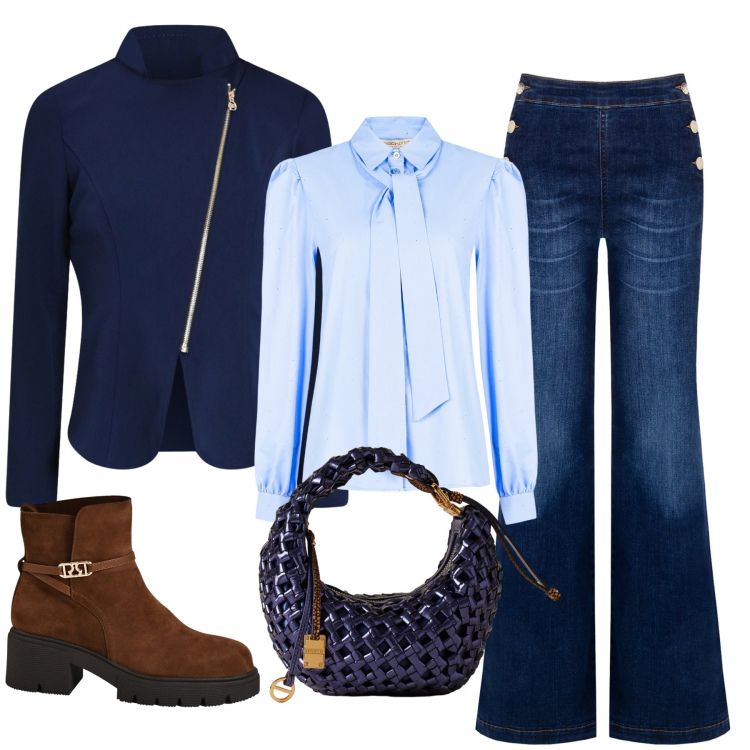 Outfit donna - Il potere del blu. Stile Glamour per Tutti i giorni. Abbinamento con borse a mano, jeans, blazer, camicie, stivaletti.