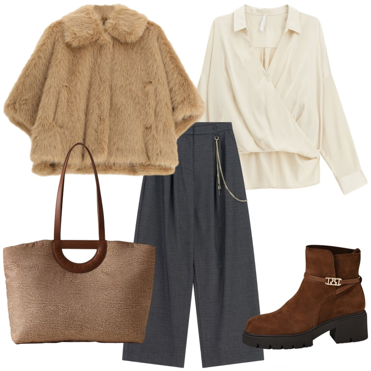 Outfit donna - Città. Stile Urban per Ufficio. Abbinamento con stivaletti, blazer, camicie, pantaloni a palazzo, shopping bag.