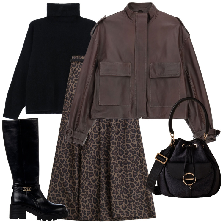 Outfit donna - Serata fuori. Stile Casual chic per Serata fuori. Abbinamento con borse a secchiello, stivali sopra il ginocchio, pantaloni, maglieria, giacche.