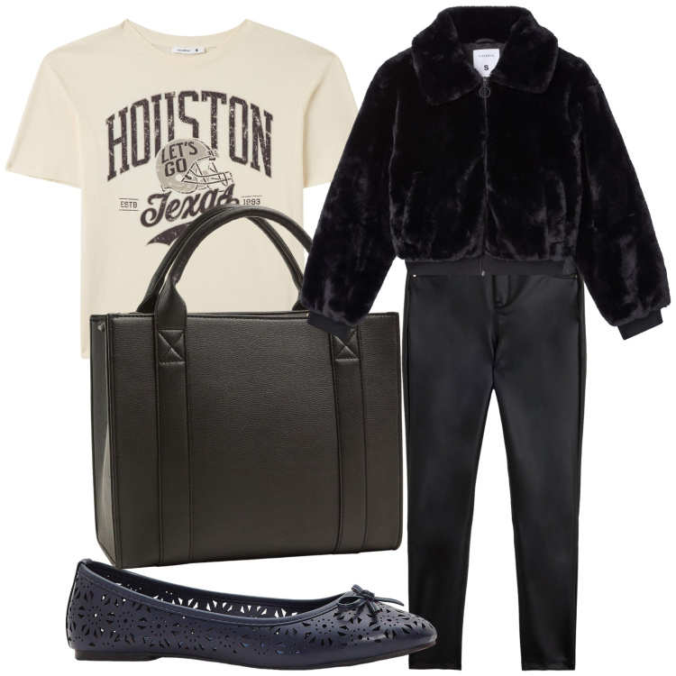 Outfit donna - Houston non abbiamo problemi look. Stile Basic per Tutti i giorni. Abbinamento con ballerine, t-shirt, borse tote, ecopellicce, pantaloni skinny.