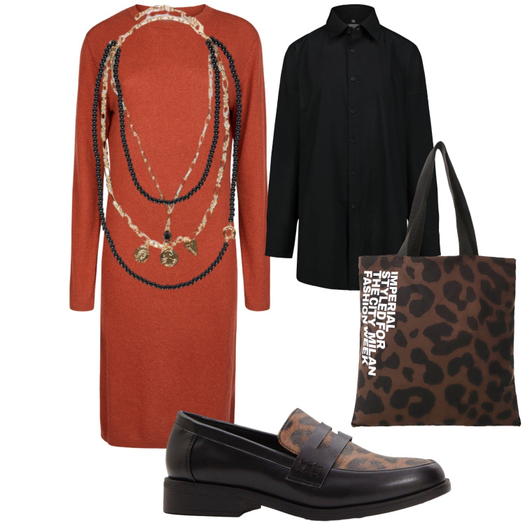 Outfit donna - Lunedì in pizzeria. Stile Urban per Serata fuori. Abbinamento con mocassini, shopping bag, camicie, vestiti midi/longuette, collane.