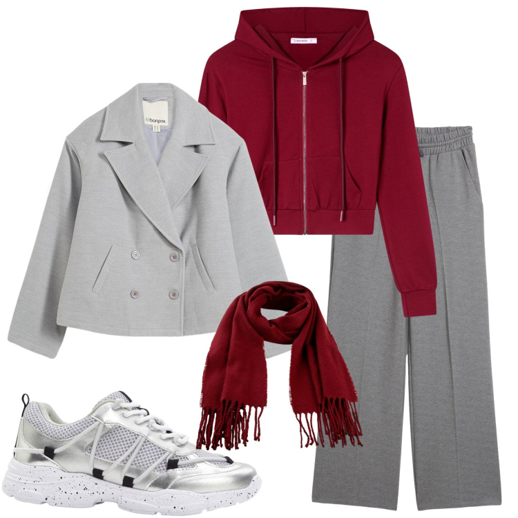 Outfit donna - lezione all\' università. Stile Casual per Scuola/Università. Abbinamento con sciarpe, caban, sneakers, pantaloni, felpe con cappuccio.