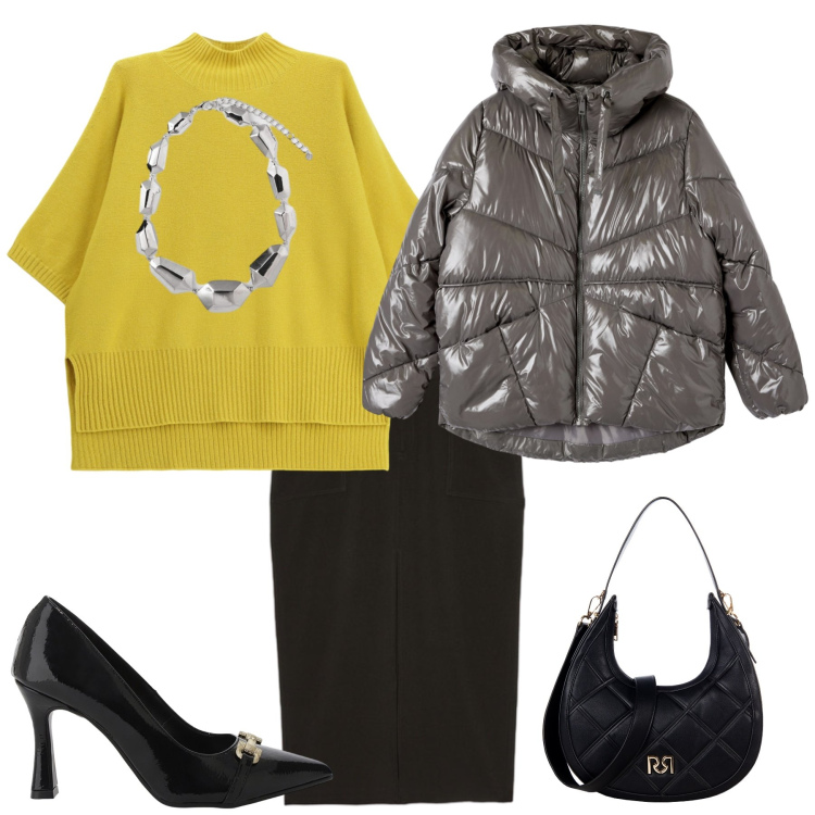 Outfit donna - Un tocco di luminosita’. Stile Casual chic per Tutti i giorni. Abbinamento con bomber, borse a tracolla, décolleté, maglieria, ciondoli, gonne lunghe.