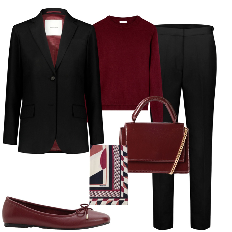 Outfit donna - City. Stile Minimal per Tutti i giorni. Abbinamento con ballerine, maglieria, borse a tracolla, blazer, pantaloni chino, foulard.