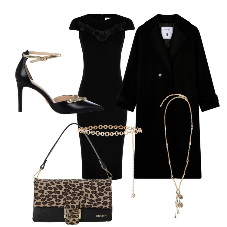 Outfit donna - Halloween chic. Stile Chic per Serata fuori. Abbinamento con cappotti, vestiti midi/longuette, décolleté, cinture, borse a spalla, ciondoli.