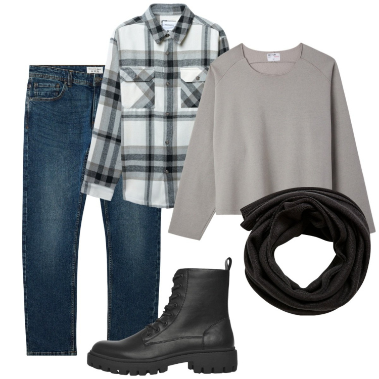 Outfit uomo - Total look #2273709. Stile Trendy per Tutti i giorni. Abbinamento con jeans, sciarpe, anfibi, cappotti, felpe.