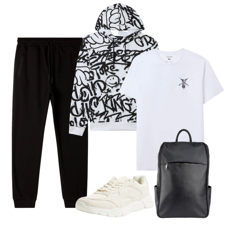 Outfit uomo - Total look #2273711. Stile Urban per Sport. Abbinamento con felpe con cappuccio, sneakers, pantaloni, t-shirt, borse sportive.