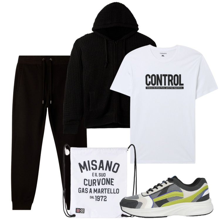 Outfit uomo - Total look #2273714. Stile Urban per Sport. Abbinamento con borse sportive, cardigans, t-shirt, pantaloni, sneakers.