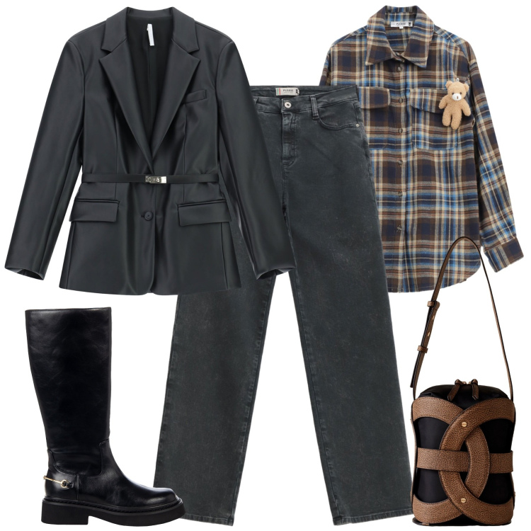 Outfit donna - Total look #2273715. Stile Casual per Tutti i giorni. Abbinamento con camicie, jeans dritti, borse a secchiello, stivali sopra il ginocchio, blazer.