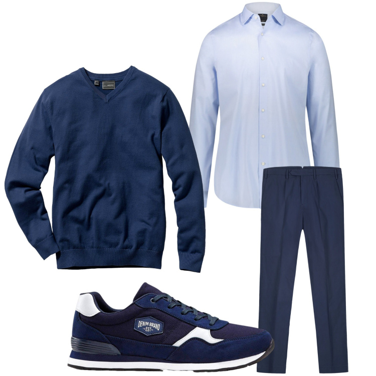 Outfit uomo - Tuttoblu. Stile Casual per Tutti i giorni. Abbinamento con maglieria, sneakers, camicie, pantaloni.