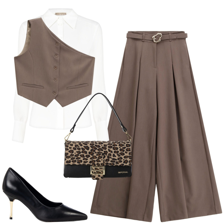 Outfit donna - City. Stile Urban per Tutti i giorni. Abbinamento con décolleté, camicie, gilet, pantaloni, borse a spalla.