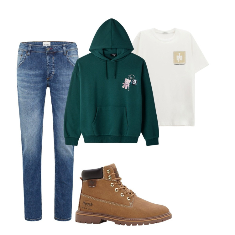 Outfit uomo - Total look #2273721. Stile Casual per Tutti i giorni. Abbinamento con jeans dritti, stivali e stivaletti, felpe con cappuccio, t-shirt.