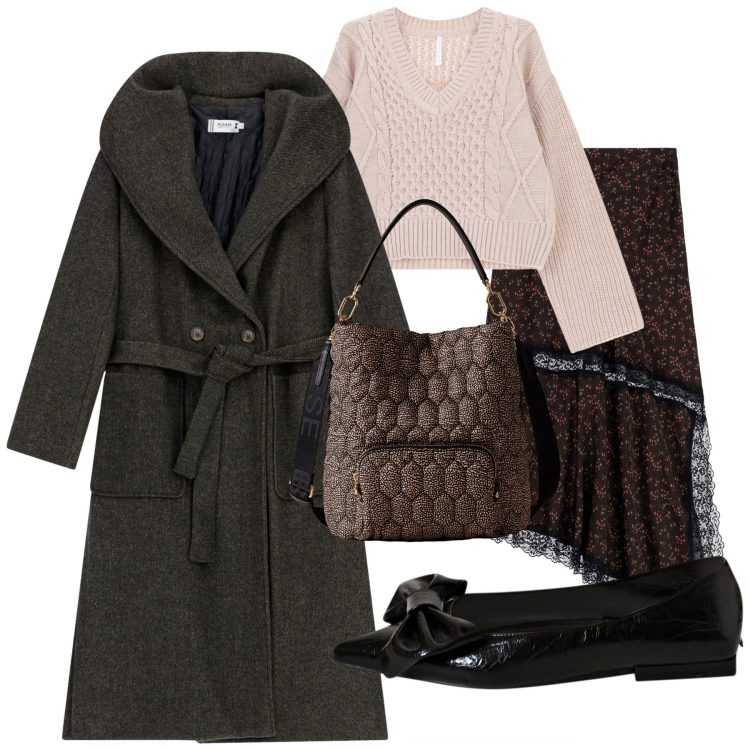 Outfit donna - Total look #2273722. Stile Trendy per Serata fuori. Abbinamento con cappotti, borse a secchiello, ballerine, maglieria, gonne lunghe.