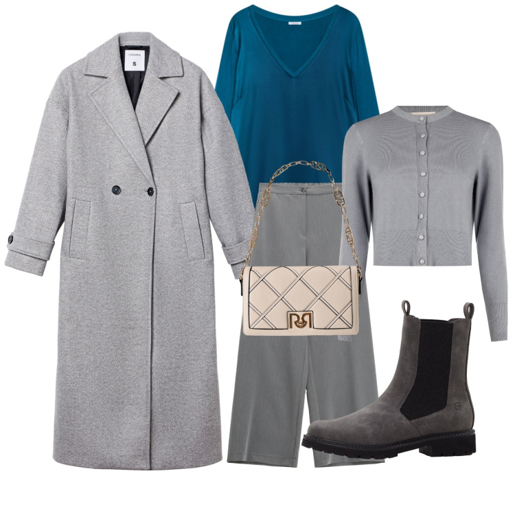 Outfit donna - Total look #2273723. Stile Casual chic per Tutti i giorni. Abbinamento con stivaletti chelsea, cappotti, borse a tracolla, cardigans, pantaloni a palazzo, bluse.