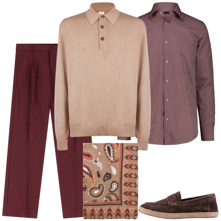 Outfit uomo - Colori caldi. Stile Trendy per Ufficio. Abbinamento con pantaloni, sciarpe e foulard, espadrillas, camicie, polo.