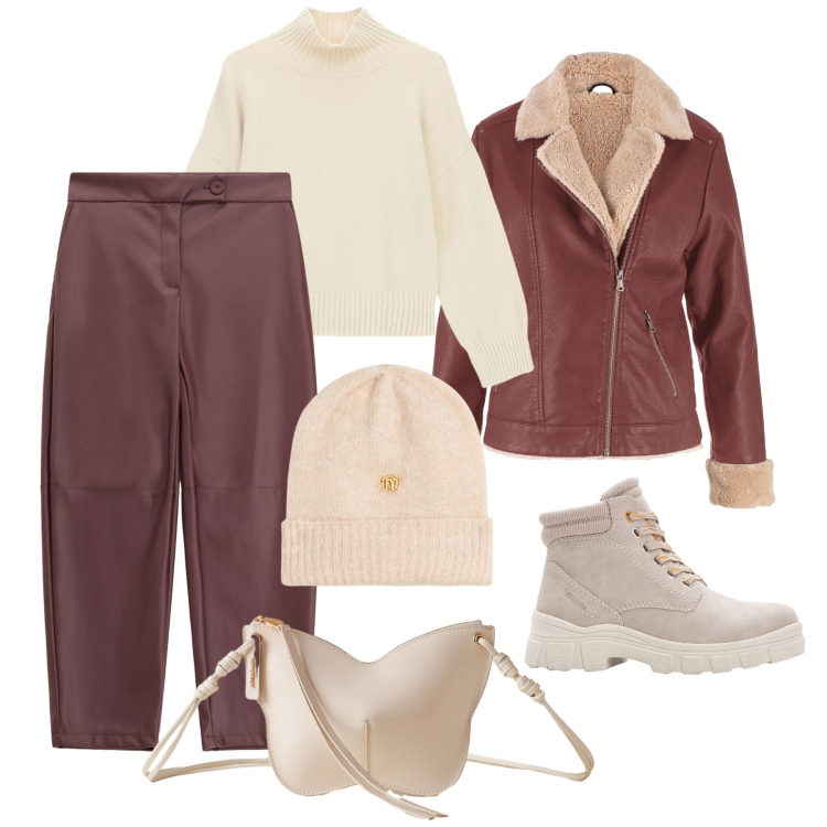 Outfit donna - Autunno freddo. Stile Urban per Tutti i giorni. Abbinamento con stivaletti, bomber, berretti, maglieria, pantaloni, borse a tracolla.