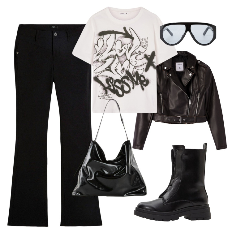 Outfit donna - Concerto rock!. Stile Rock per Serata fuori. Abbinamento con pantaloni, shopping bag, stivaletti, giacche, t-shirt, occhiali da sole.