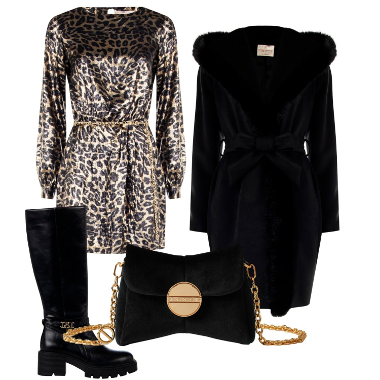 Outfit donna - Sabato sera comodo ma con stile. Stile Casual chic per Serata fuori. Abbinamento con stivali sopra il ginocchio, vestiti corti, cappotti, borse a tracolla.