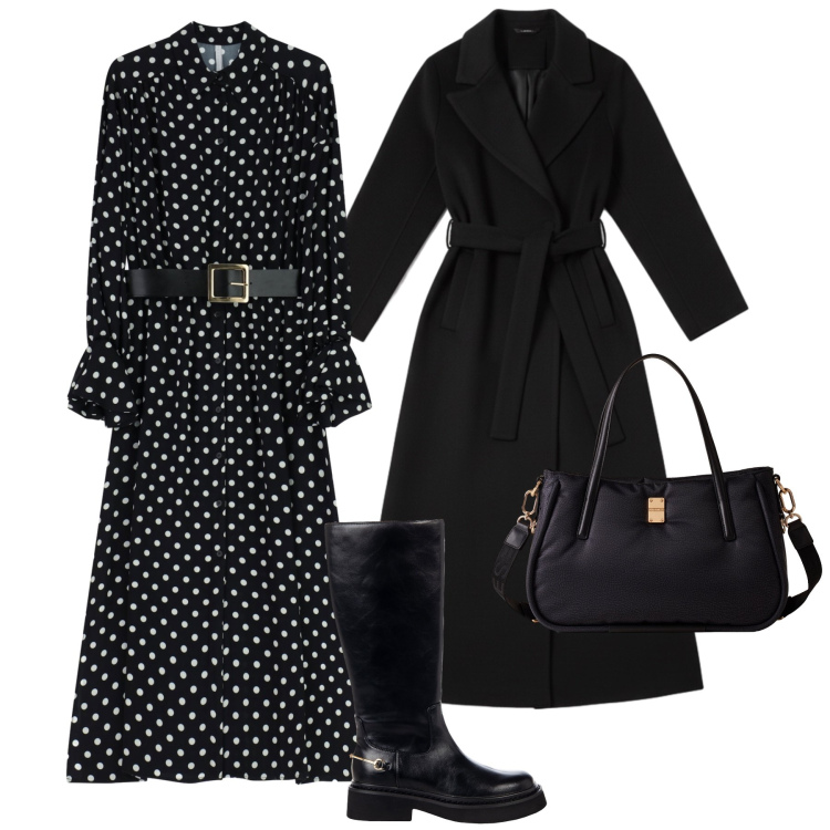 Outfit donna - Pois di sera. Stile Glamour per Serata fuori. Abbinamento con stivali sopra il ginocchio, cappotti, vestiti midi/longuette, shopping bag.