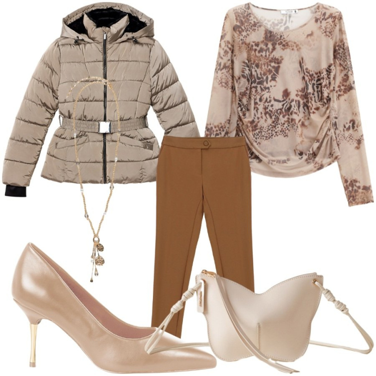 Outfit donna - Total look #2273729. Stile Romantica per Serata fuori. Abbinamento con piumini, décolleté, maglieria, pantaloni, borse a tracolla, ciondoli.