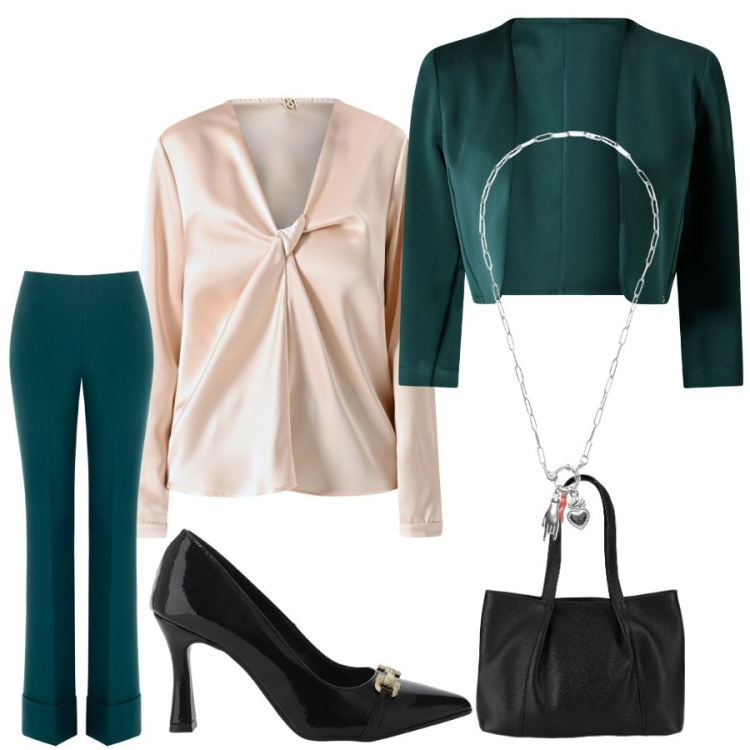 Outfit donna - Total look #2273730. Stile Romantica per Serata fuori. Abbinamento con shopping bag, bolero, bluse, pantaloni a palazzo, décolleté, ciondoli.