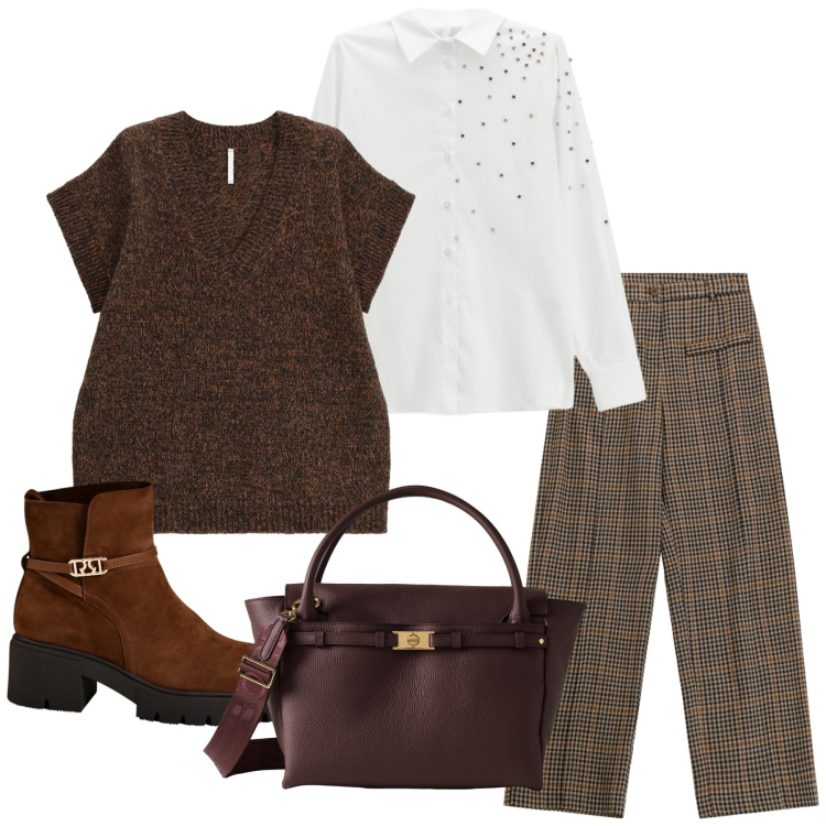 Outfit donna - Total look #2273732. Stile Trendy per Ufficio. Abbinamento con borse a mano, stivaletti, maglieria, camicie, pantaloni a palazzo.