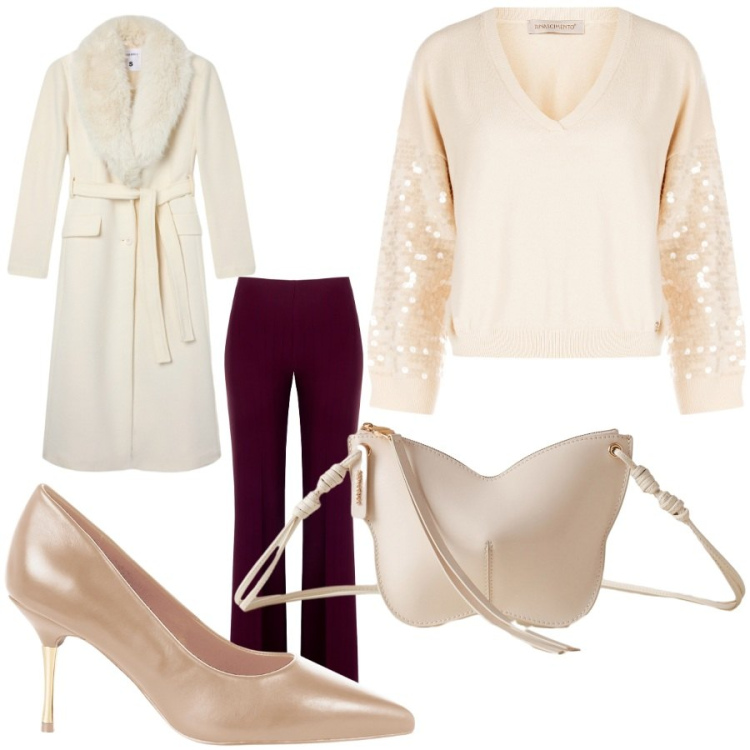 Outfit donna - Total look #2273737. Stile Romantica per Serata fuori. Abbinamento con cappotti, pantaloni, décolleté, maglieria, borse a tracolla.