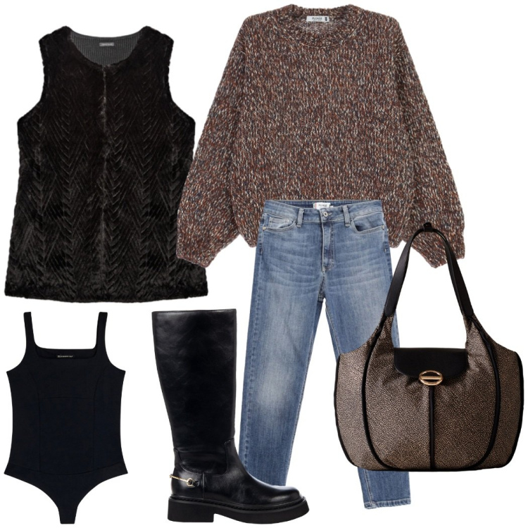 Outfit donna - Total look #2273738. Stile Casual chic per Ufficio. Abbinamento con stivali sopra il ginocchio, body, jeans skinny, maglieria, shopping bag, maglieria.