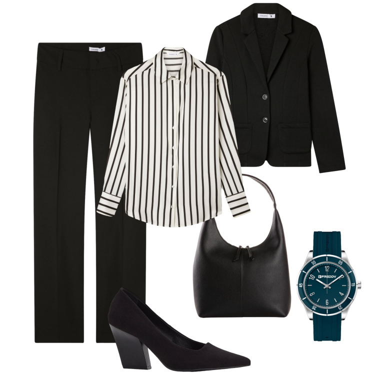 Outfit donna - Rigore in ufficio. Stile Glamour per Ufficio. Abbinamento con décolleté, shopping bag, camicie, blazer, pantaloni, orologi.