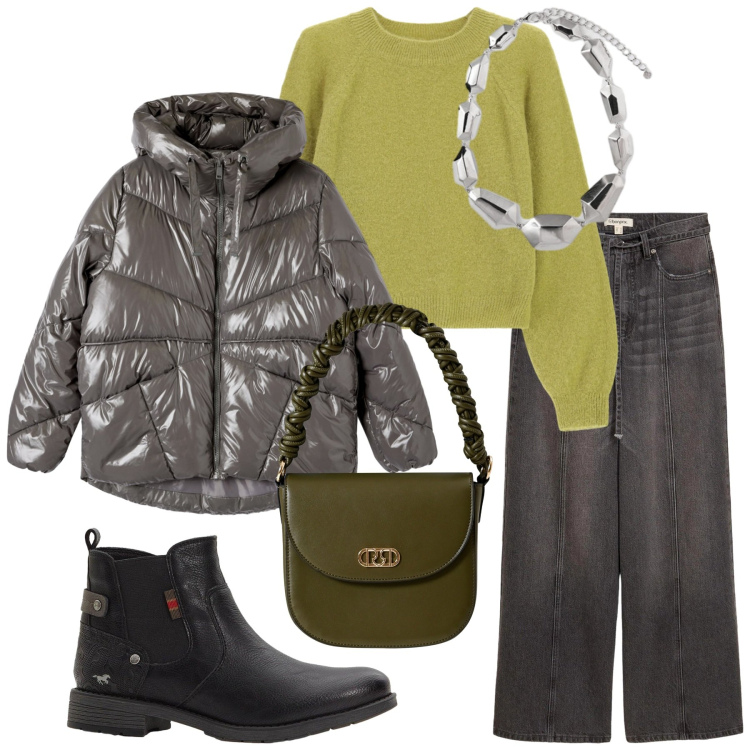 Outfit donna - Total look #2273744. Stile Urban per Tutti i giorni. Abbinamento con stivaletti chelsea, jeans, bomber, borse a mano, maglieria, ciondoli.