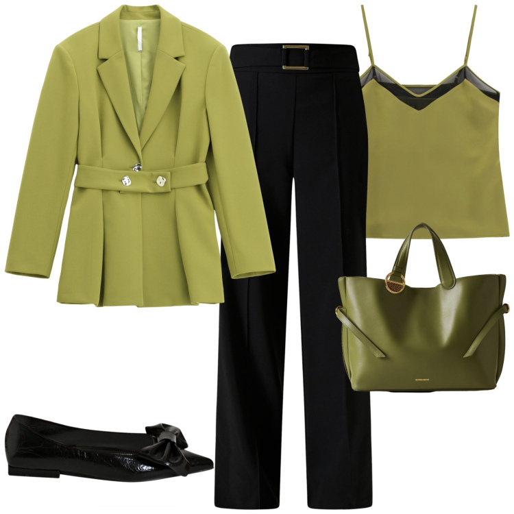 Outfit donna - Ottobre. Stile Urban per Tutti i giorni. Abbinamento con pantaloni, ballerine, blazer, top, shopping bag.