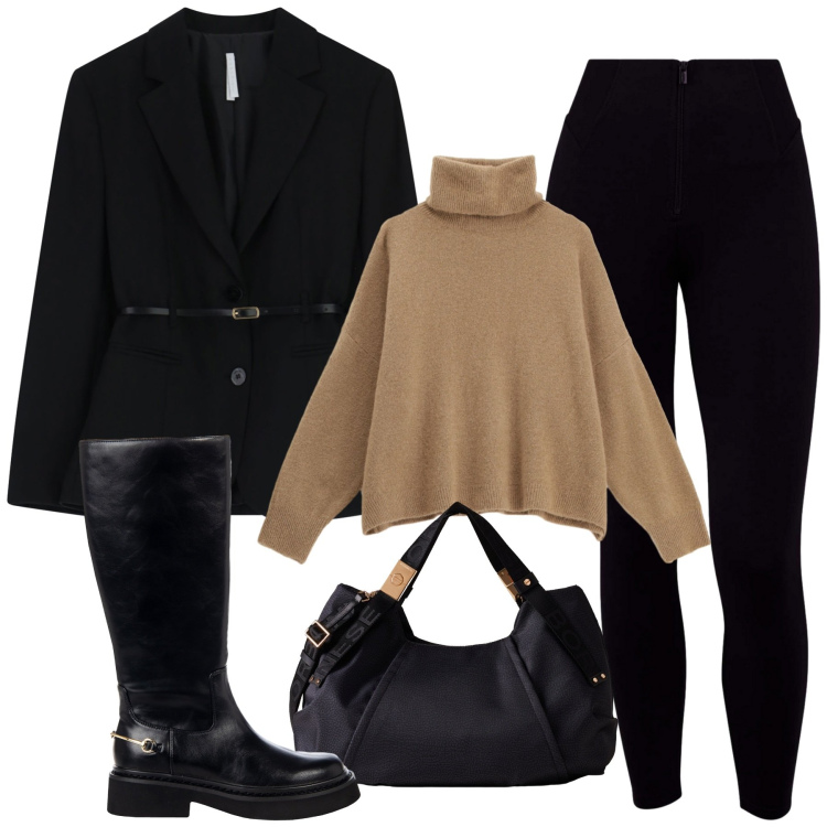 Outfit donna - Sporty. Stile Sporty chic per Tutti i giorni. Abbinamento con stivali sopra il ginocchio, pantaloni skinny, blazer, maglieria, borse a mano.