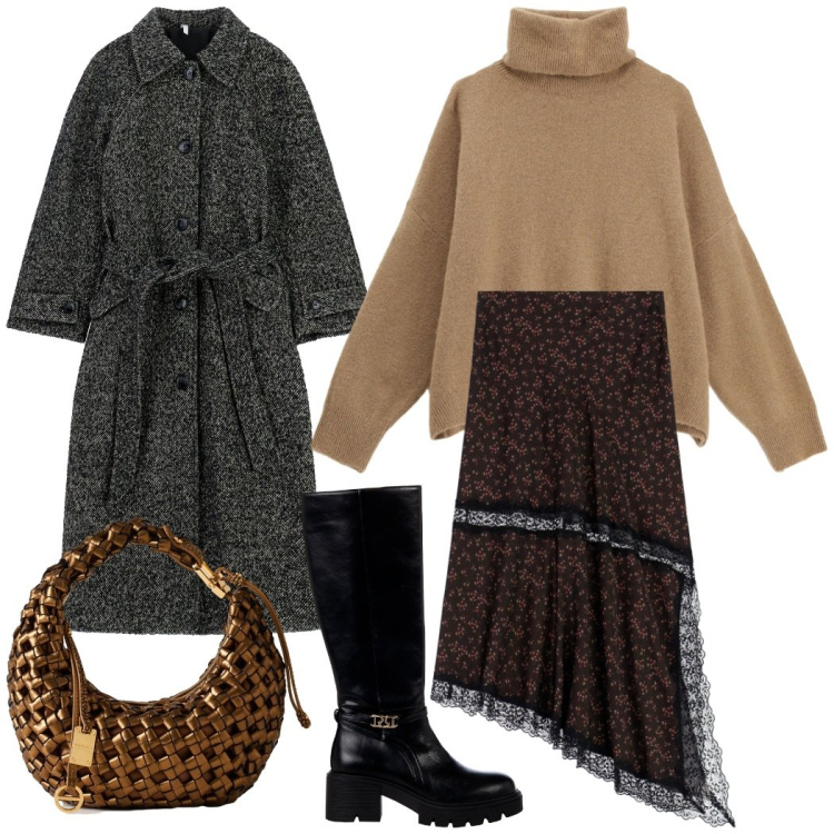 Outfit donna - Total look #2273758. Stile Casual chic per Serata fuori. Abbinamento con stivali sopra il ginocchio, cappotti, maglieria, gonne lunghe, borse a mano.