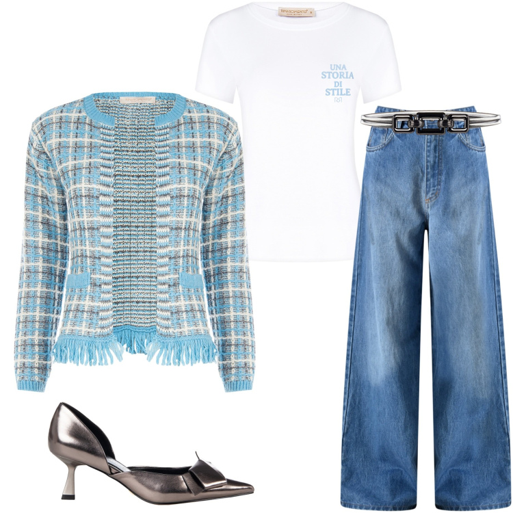 Outfit donna - Una storia di stile. Stile Casual chic per Serata fuori. Abbinamento con décolleté, jeans, t-shirt, cinture, blazer.