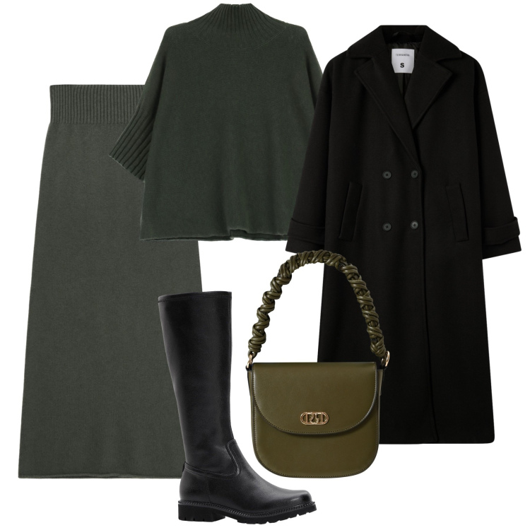 Outfit donna - Completo in maglia. Stile Trendy per Tutti i giorni. Abbinamento con stivali, cappotti, borse a mano, gonne lunghe, maglieria.