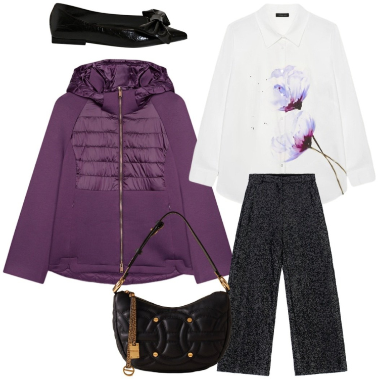 Outfit donna - Riunione di lavoro. Stile Chic per Tutti i giorni. Abbinamento con ballerine, pantaloni a palazzo, borse a spalla, piumini, camicie.