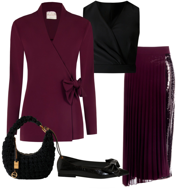 Outfit donna - Fiocco sulla giacca. Stile Chic per Serata fuori. Abbinamento con borse a mano, gonne longuette, top, ballerine, blazer.