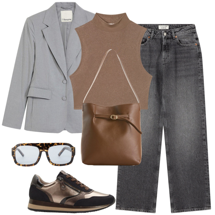 Outfit donna - City. Stile Casual per Tutti i giorni. Abbinamento con sneakers, borse a mano, blazer, top, jeans, occhiali da sole.