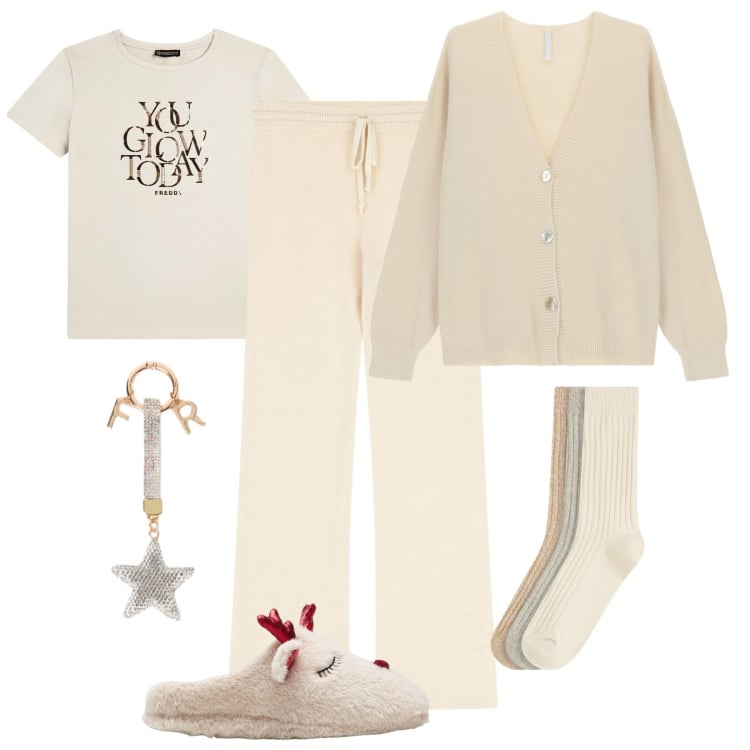 Outfit donna - Rilassata a casa. Stile Casual per Tutti i giorni. Abbinamento con pantofole, calzini, cardigans, pantaloni a palazzo, t-shirt, portachiavi.