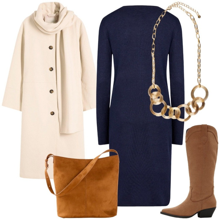 Outfit donna - In ufficio. Stile Casual chic per Ufficio. Abbinamento con cappotti, borse a mano, stivali, vestiti midi/longuette, collane.