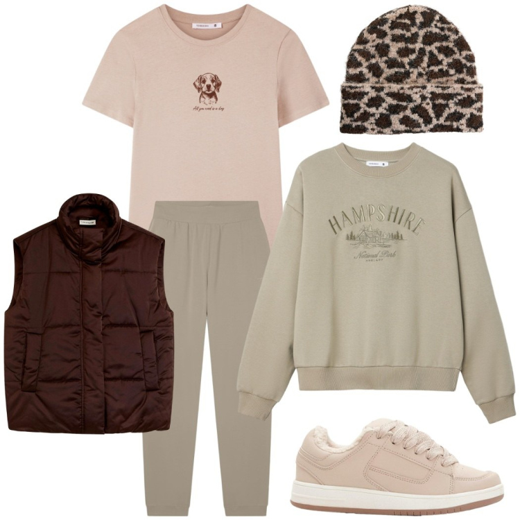 Outfit donna - Pomeriggio al parco. Stile Sporty chic per Tutti i giorni. Abbinamento con piumini, sneakers, berretti, t-shirt, felpe, pantaloni.