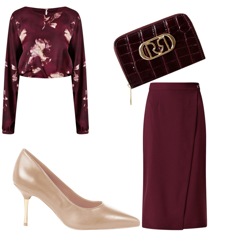 Outfit donna - Total look Rinascimento. Stile Chic per Serata fuori. Abbinamento con décolleté, portafogli, bluse, gonne.