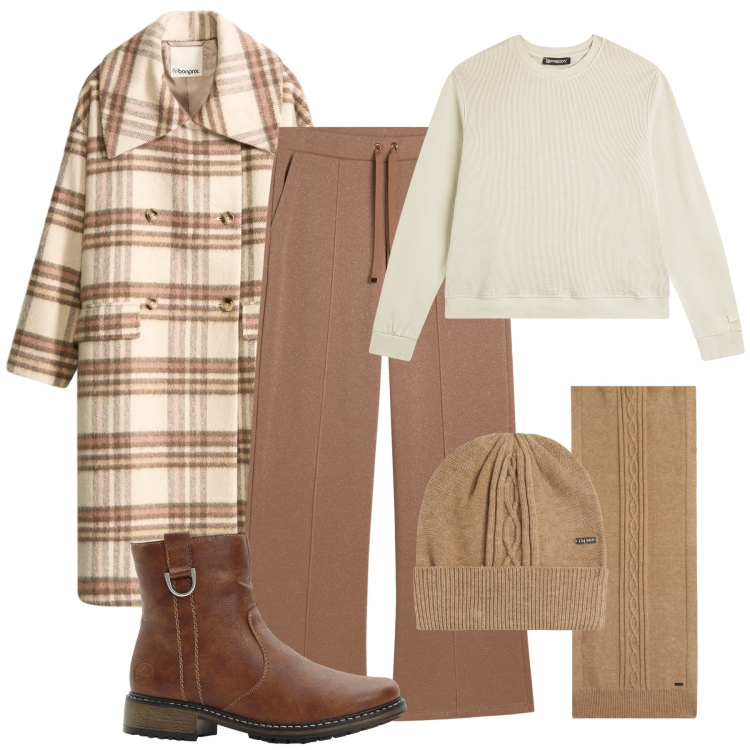 Outfit donna - Tempo libero col freddo. Stile Casual per Tutti i giorni. Abbinamento con cappotti, stivaletti, felpe, sciarpe, berretti, pantaloni.