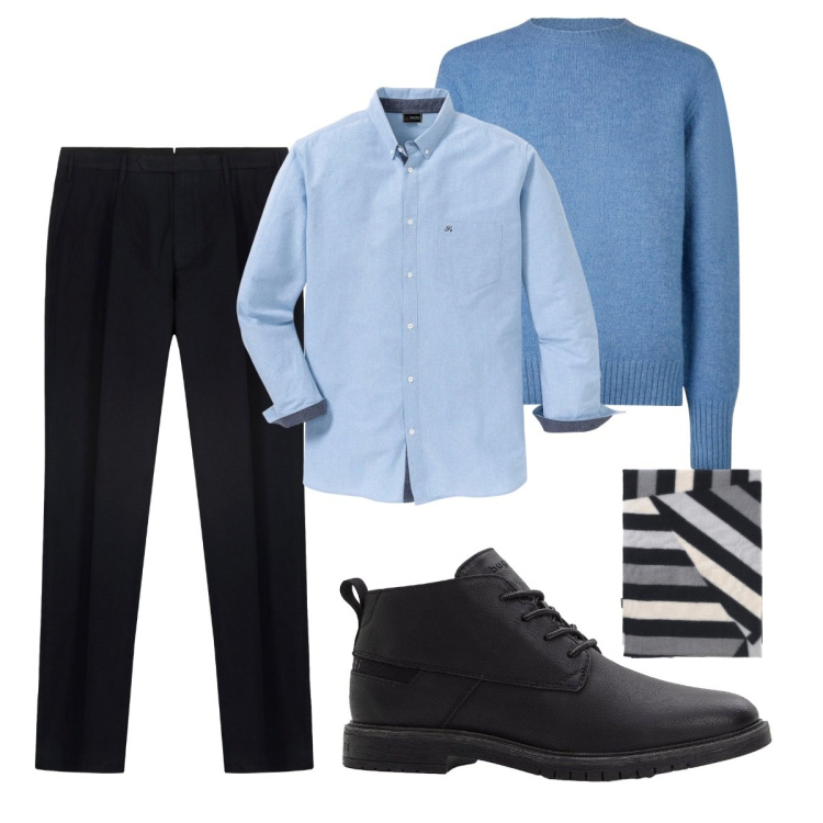 Outfit uomo - Total look #2273785. Stile Trendy per Ufficio. Abbinamento con camicie, stivali e stivaletti, sciarpe, maglieria, pantaloni.