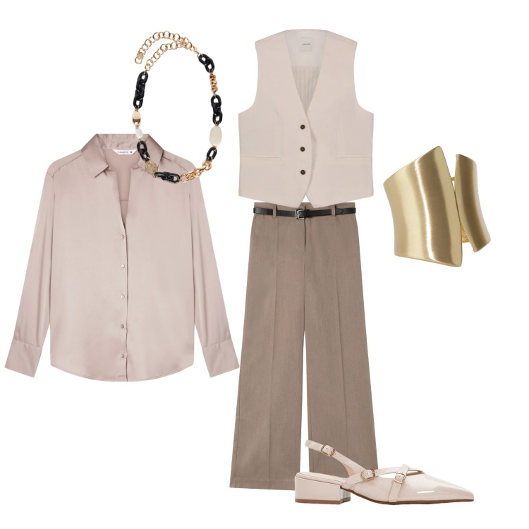 Outfit donna - Ufficio. Stile Bon Ton per Ufficio. Abbinamento con décolleté, camicie, pantaloni, anelli, gilet, collane.