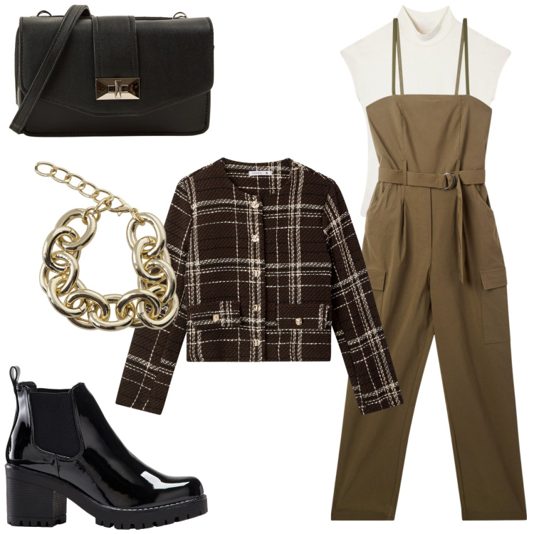 Outfit donna - Giornata sbarazzina. Stile Preppy per Scuola/Università. Abbinamento con stivaletti, tute, borse a tracolla, blazer, body, braccialetti.