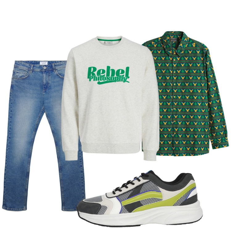 Outfit uomo - Total look #2273798. Stile Casual per Tutti i giorni. Abbinamento con camicie, felpe, jeans dritti, sneakers.