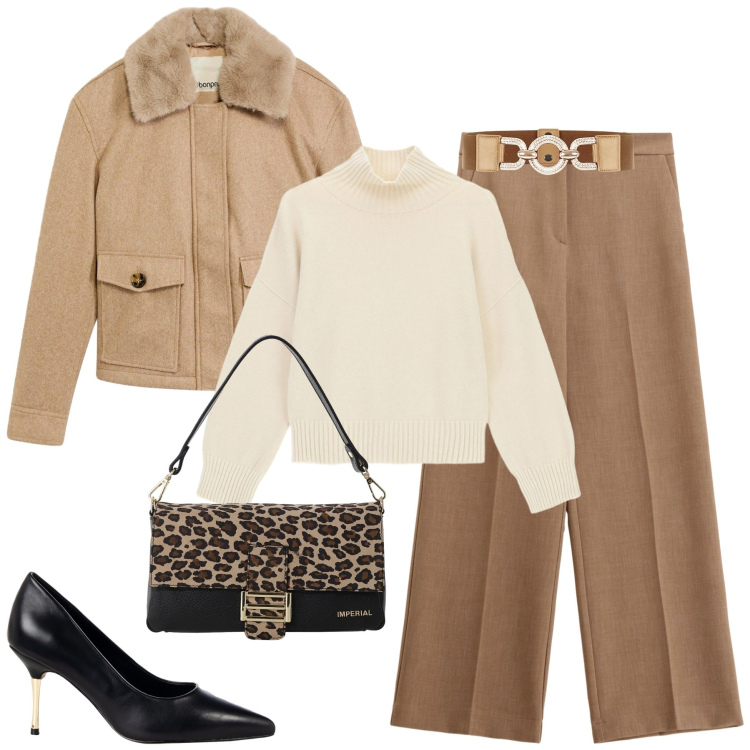 Outfit donna - City. Stile Urban per Tutti i giorni. Abbinamento con piumini, décolleté, cinture, pantaloni, borse a spalla, maglieria.